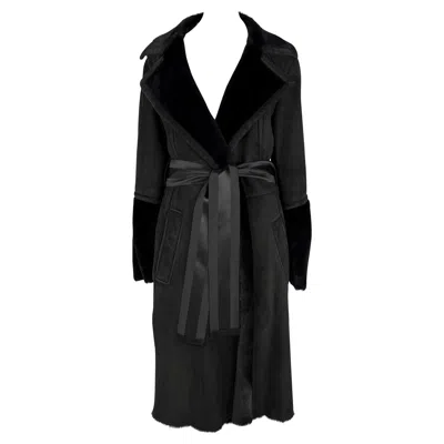 Pre-owned Tom Ford For Gucci F/w 2004 Gucci By Tom Ford Black Shearling Suede Ribbon Belted Coat 44it