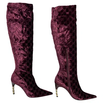 Pre-owned Tom Ford For Gucci New F/w 2004 Gucci By Tom Ford Burgundy Velvet 'gg' Monogram Heel Boots 36c In Red