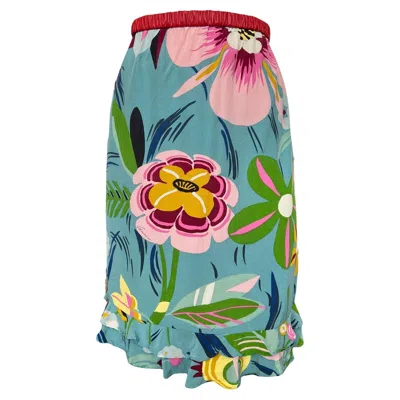 Pre-owned Tom Ford For Gucci Spring 1999 Teal Blue Tropical Flower Print Skirt In Green