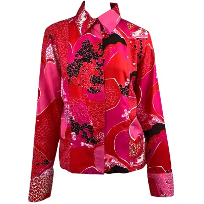 Pre-owned Tom Ford For Gucci S/s 1999 Gucci By Tom Ford Pink 'acid Flower' Print Silk Button-up Blouse L