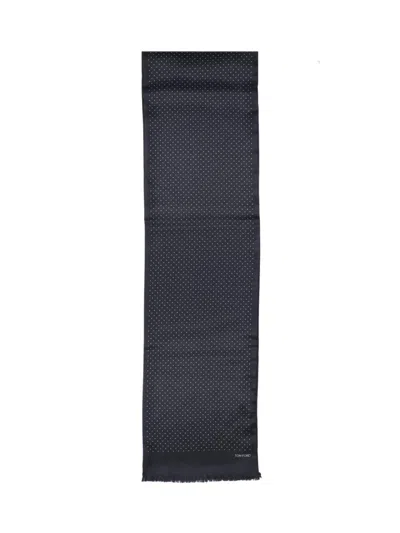 Tom Ford Fringed Black Scarf With Subtle Polka Dot Pattern In Blue