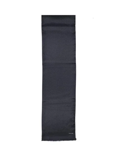 Tom Ford Fringed Black Scarf With Subtle Polka Dot Pattern In Blue