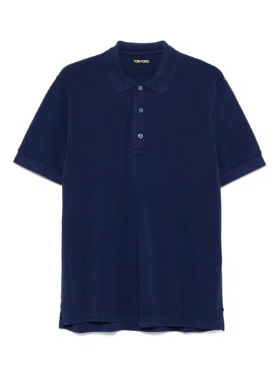 Tom Ford Front Button Placket Navy Blue Polo Shirt