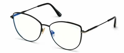 Pre-owned Tom Ford Ft 5667-b 001 Shiny Black/blue Block Cat Eye Eyeglasses In Clear