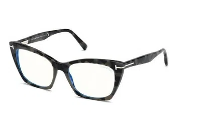 Pre-owned Tom Ford Ft5709b 056 Shiny Dark Grey Havana Blue Block Cat-eye Eyeglasses