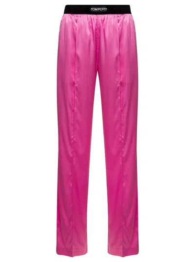 TOM FORD FUCHSIA SATIN PANTS WITH LOGO ON WAISTBAND IN STRETCH SILK WOMAN