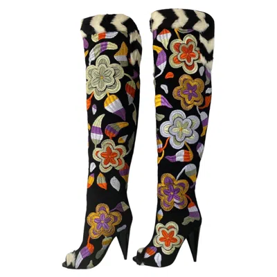 Pre-owned Tom Ford F/w 2013 Over-the-knee Boots With 2-d Flower Embroidery Size 37 - Us 7 In Black