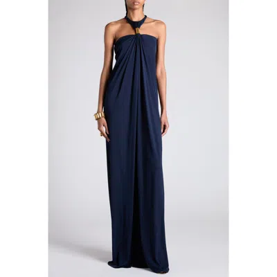 Tom Ford Gathered Racerback Crepe Jersey Gown In Navy