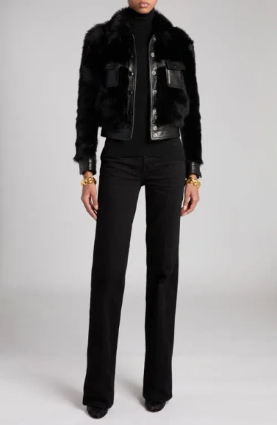 Tom Ford Genuine Shearling & Leather Crop Jacket In Lb999 Black