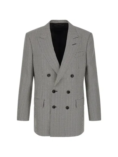 Tom Ford Geometric Pattern Jacquard Silk Double Breasted Blazer In Gray