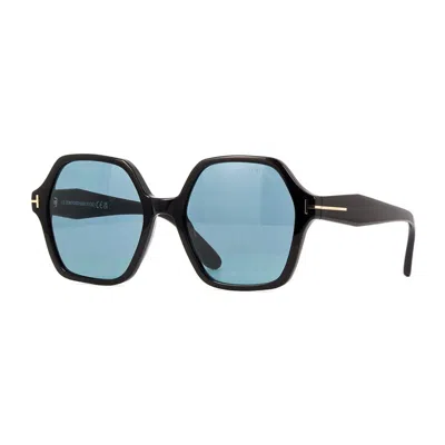 Tom Ford Geometric Full Rim, With A Shiny Black Frame And Smoke Blue Lens.