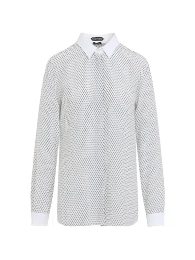 Tom Ford White Black Multi Argyle Printed Silk Shirt In Gray