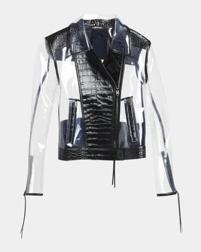 Tom Ford Glass-effect Technical Croco Leather Moto Jacket In Multi