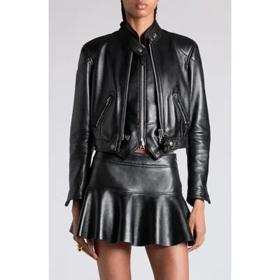 Tom Ford Glossy Plongé Lambskin Leather Zip Jacket In Lb999 Black