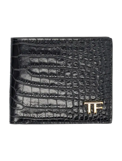 Tom Ford Glossy Printed Croc Classic Bifold Wallet By  In Grey