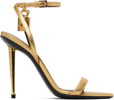 Tom Ford Gold Laminated Padlock Pointy Naked Heeled Sandals