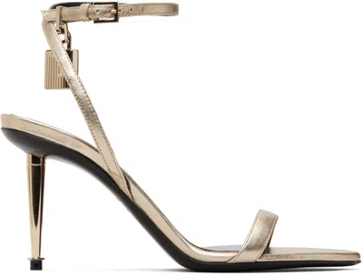 Tom Ford Gold Laminated Padlock Pointy Naked Heeled Sandals In Gray