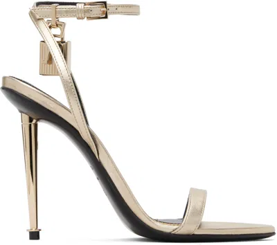 Tom Ford Gold Laminated Padlock Pointy Naked Heeled Sandals In Neutral