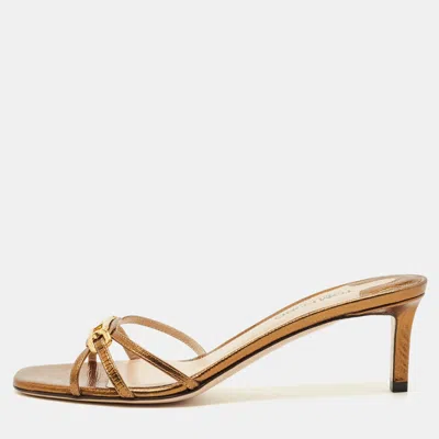 Pre-owned Tom Ford Gold Lizard Embossed Leather Logo Printed Slide Sandal Size 38