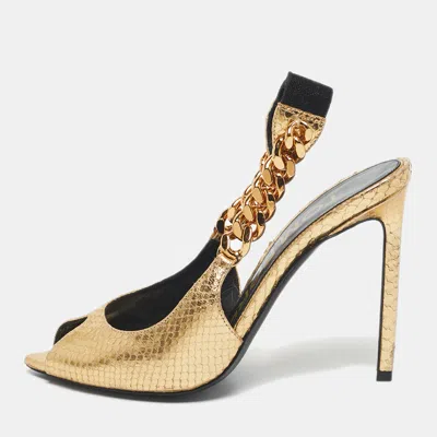 Pre-owned Tom Ford Gold Python Embossed Leather Peep Toe Slingback Pumps Size 36.5