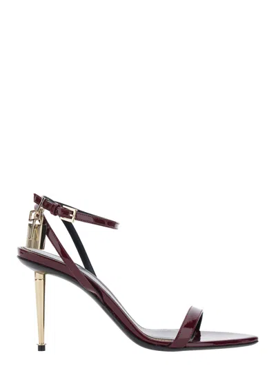 Tom Ford Gold-accented Calf Leather Heel Sandal In Burgundy