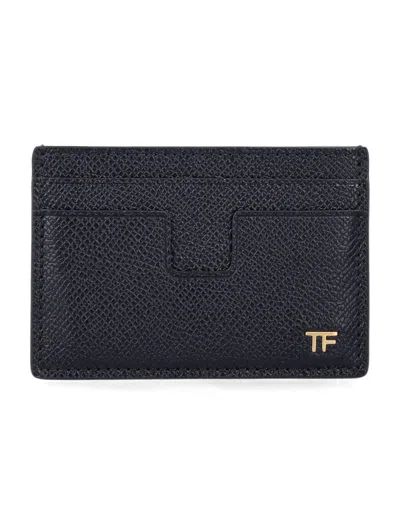 Tom Ford Grain Leather Cardholder With Gold Tf Logo In Black