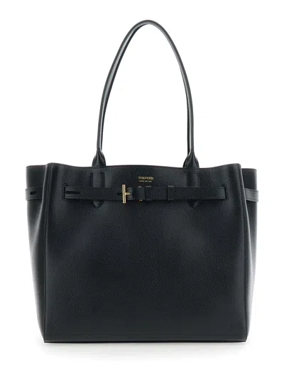 Tom Ford Grain Leather Medium Tote In Black