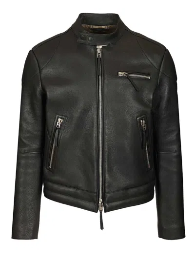 TOM FORD GRAIN LEATHER ZIP BIKER JACKETS BLACK