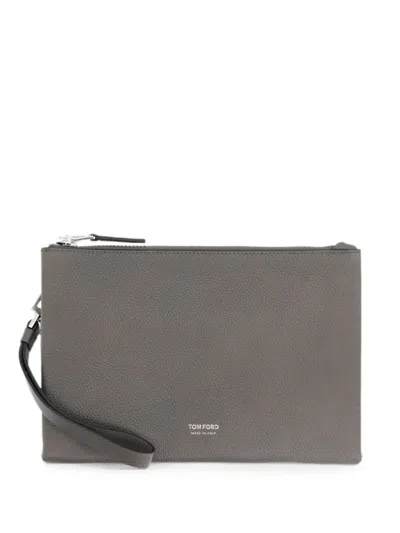 Tom Ford Grained Leather Clutch Bag In Gray