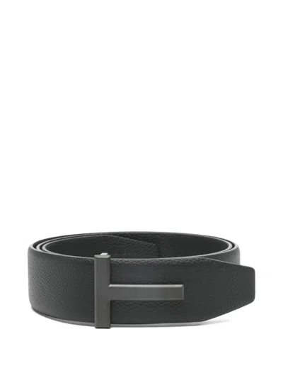 Tom Ford Grained-leather Logo-buckle Belt In Black