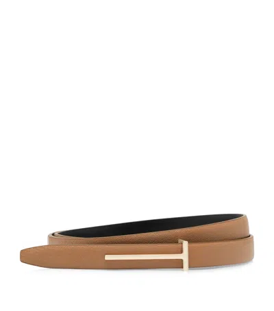 Tom Ford Grained Leather T Belt In Beige