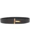 Tom Ford Brown Belt With T-plaque On The Front In Grained Leather Man In Black