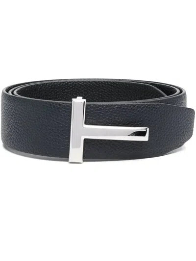 Tom Ford Grained Leather T Icon Reversible Belt Accessories In Black