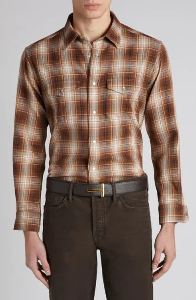Tom Ford Grand Check Western Shirt In Brown Combo Brown/white