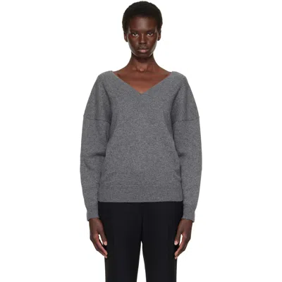 Tom Ford Gray Cashmere Off-the-shoulder V-neck Sweater In Tav Grey