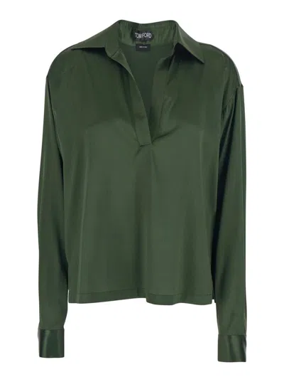 Tom Ford Green Blouse With V Neck And Wide Pointed Collar In Silk Stretch Woman