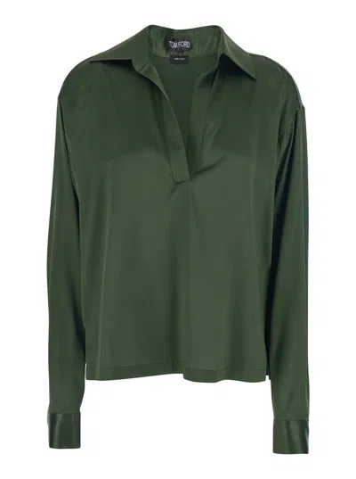 Tom Ford Stretch Silk Satin Polo With Tonal Tf Embroidered Logo Clothing In Green