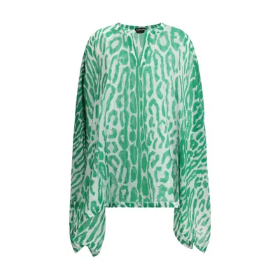 Tom Ford Leopard Print Silk Top In Green