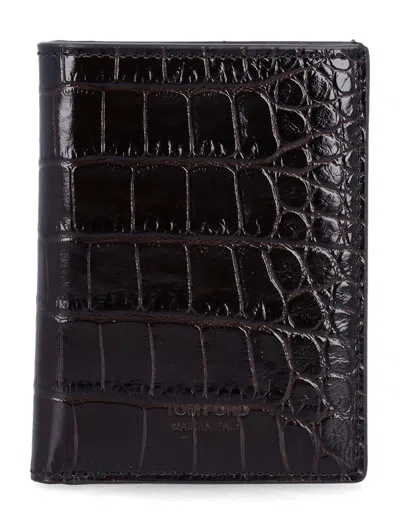 Tom Ford Green Croc-embossed Leather Cardholder In Brown