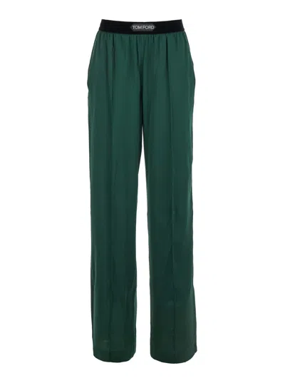 Tom Ford Green Relaxed Pants With Logo Detail In Stretch Silk Woman