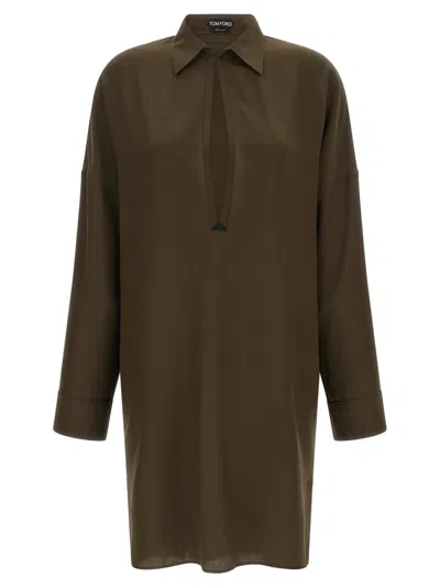 Tom Ford Green Shirt Collar Mini Dress In Brown