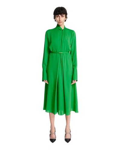Tom Ford Washed Silk Georgette Long Sleeve Draped Collar Belted Dress With Cut-out In Green