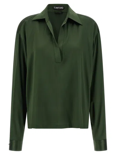 Tom Ford Stretch Silk Satin Polo With Tonal Tf Embroidered Logo Clothing In Green