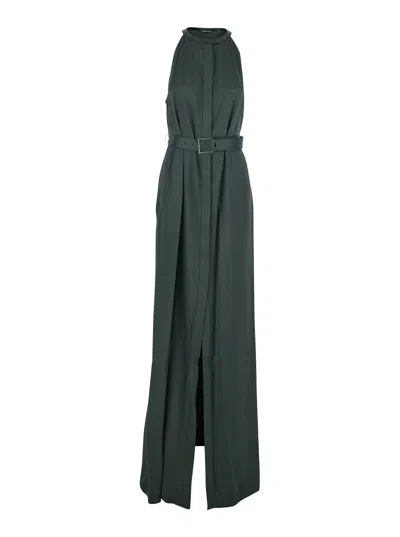 TOM FORD GREEN SLEEVELESS LONG DRESS WITH HALTERNECK AND FRONT BELT IN VISCOSE BLEND WOMAN