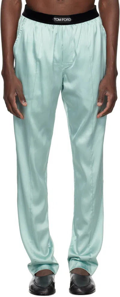 Tom Ford Green Stretch Silk Satin Pyjama Pants In Blue
