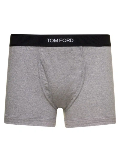 TOM FORD GREY BOXER BRIEF WITH ELASTICATED LOGGED WAISTBAND IN COTTON STRETCH