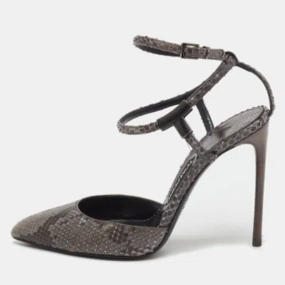 Pre-owned Tom Ford Grey/brown Snakeskin Leather Pointed Toe Ankle Strap Pumps Size 37 In Gray