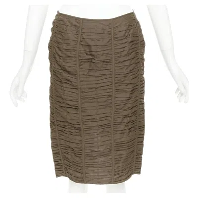 Pre-owned Tom Ford Gucci 2001 Runway  Brown 100% Silk Ruched Silk Panel Pencil Skirt It40 S