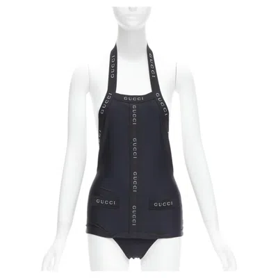 Pre-owned Tom Ford Gucci  Vintage Black Logo Trim Halter Layered One Piece Swimwear Xs
