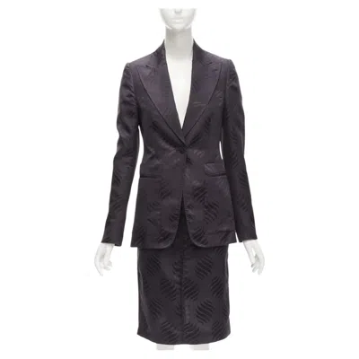 Pre-owned Tom Ford Gucci  Vintage Black Oriental Leaf Jacquard Blazer Skirt Suit It38 Xs